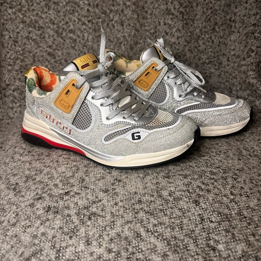 Gucci Silver Sneakers with Floral Interior